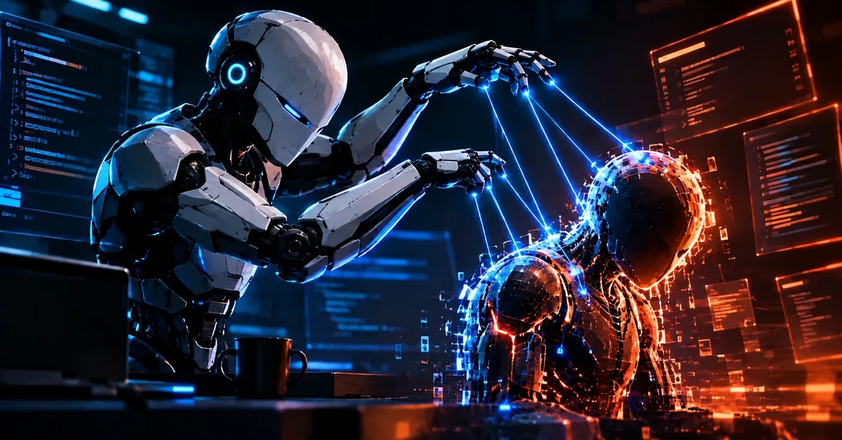 A white humanoid robot controlling a glowing AI figure with light strings in a dark coding workspace