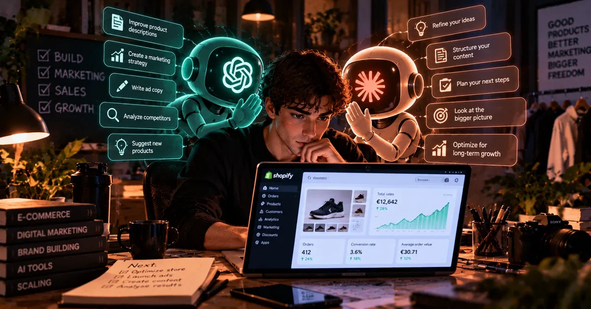 A person at a desk using ChatGPT and Claude assistants while managing a Shopify store