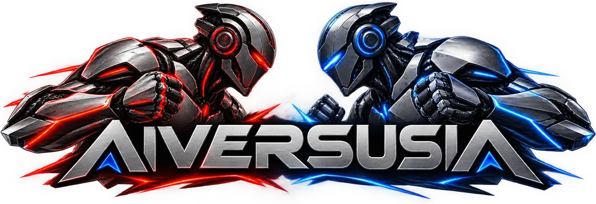 AIVERSUSIA logo: a red robot and a blue robot facing each other